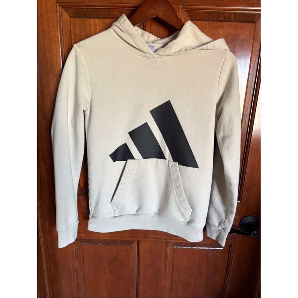adidas Cream Hoodie with Black Trefoil-Style Logo- Boys Large 14/16